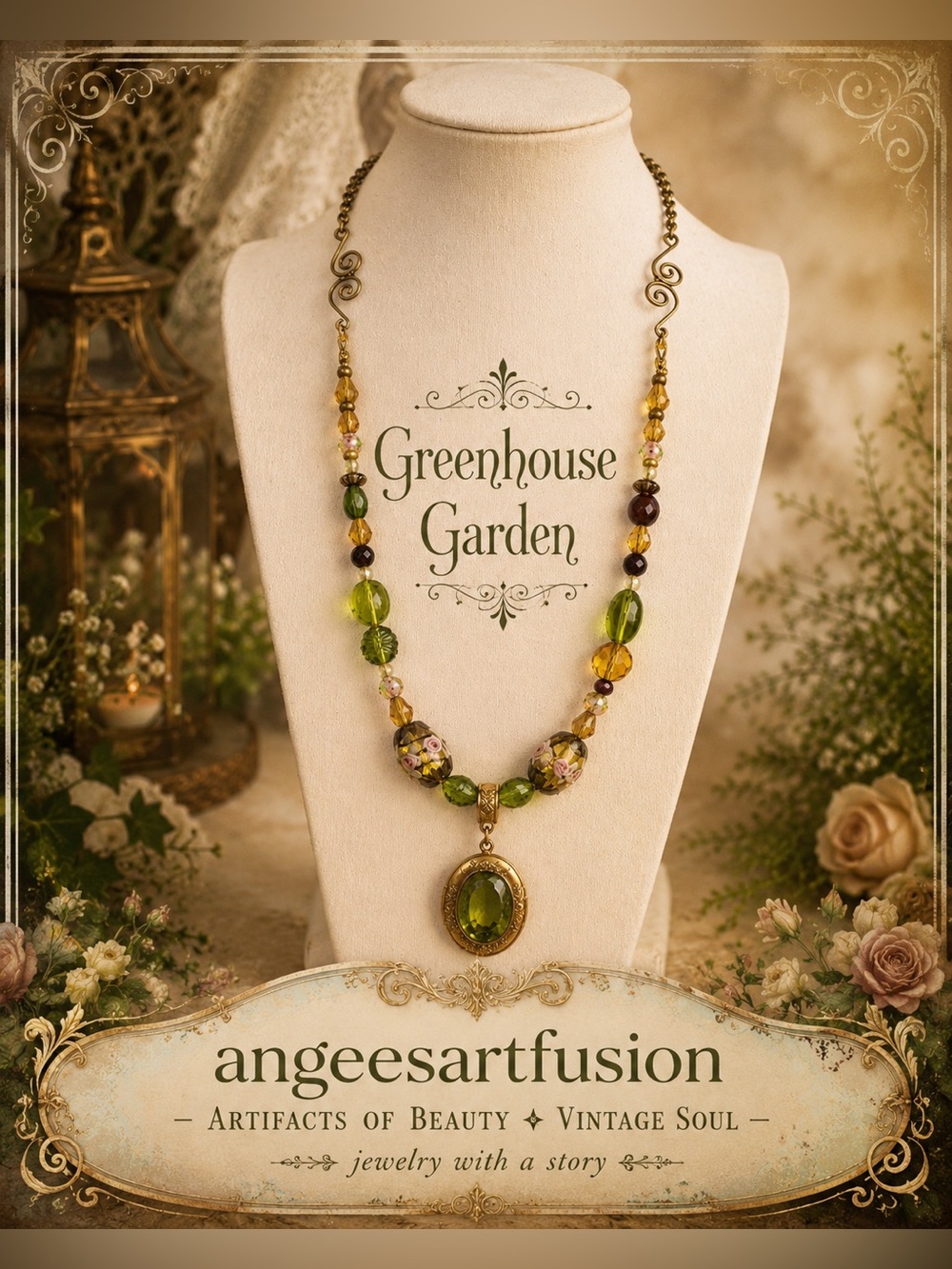 “Greenhouse Garden”-Olive Green Vintage Intaglio Locket Pendant Necklace